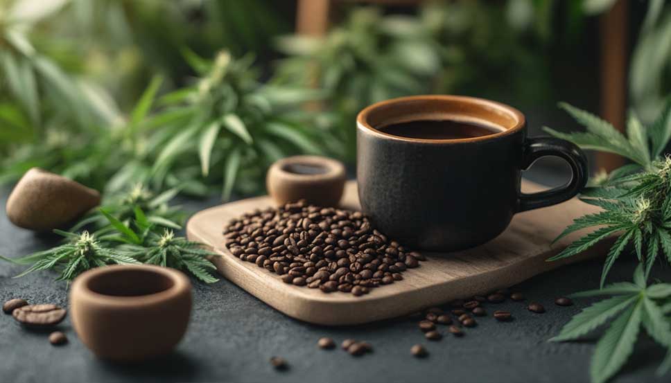 Coffee grounds for cannabis cultivation used as organic fertilizer around healthy marijuana plants