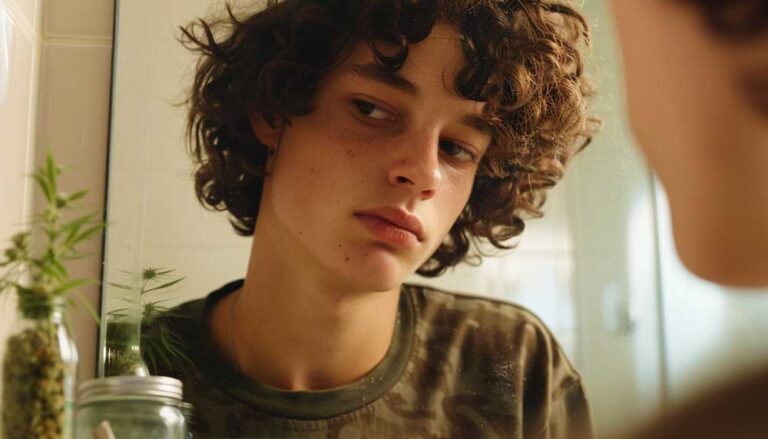 Person looking in mirror, examining hair with concern, wondering if smoking weed cause hair loss while holding a cannabis product.