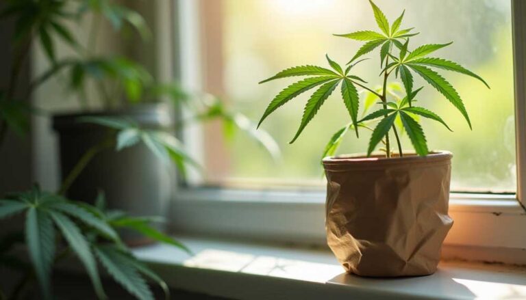 Cannabis growing in natural light on a windowsill using no special equipment. Ideal example of homegrown weed with zero budget.