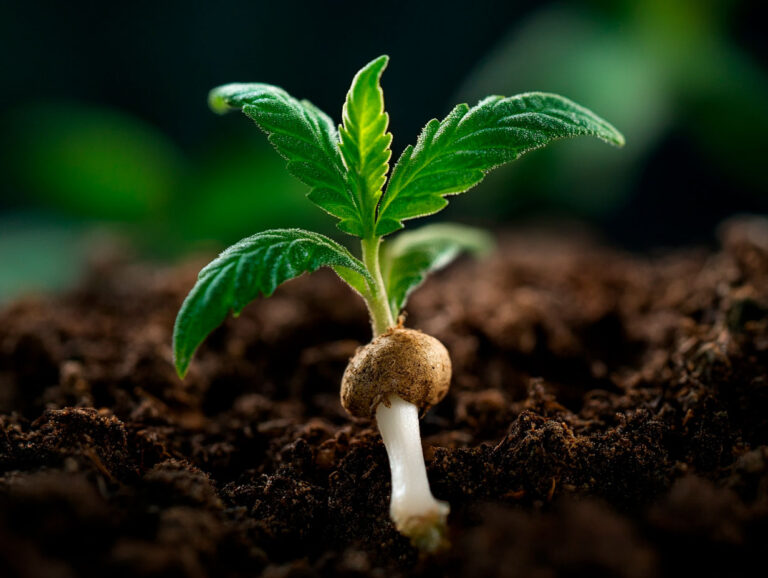 High-resolution image of a cannabis seedling at early seed germination stage, with a healthy white root tip and partial shell still attached.