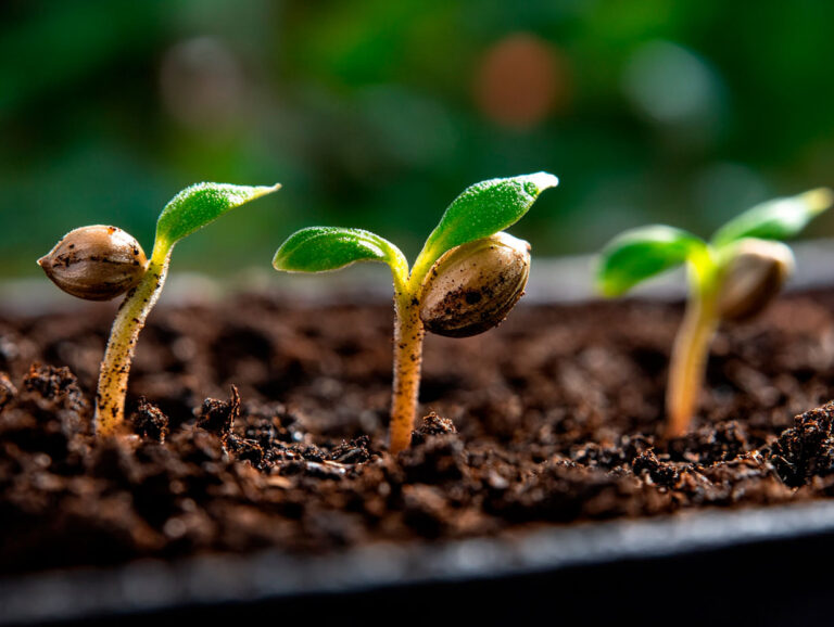 Notebook labeled “grow log” alongside young cannabis plants, emphasizing seed bank origins